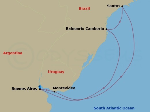 7 Night - South America - MSC Meraviglia - Starting in Buenos Aires, Argentina, Montevideo, Uruguay, Santos (Sao Paulo), Brazil, Camboriu, Brazil, Buenos Aires, Argentina itinerary map