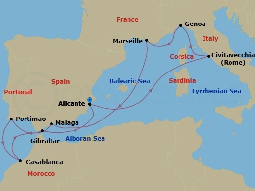 10 Night - Mediterranean - MSC Sinfonia - Starting in Alicante, Spain, Civitavecchia (Rome), Italy, Genoa (Portofino), Italy, Marseille (Provence), France, Malaga (Granada), Spain, Portimao, Portugal, Casablanca (Marrakesh), Morocco, Gibraltar, Alicante, Spain itinerary map