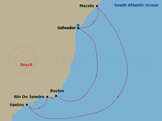 8 Night - South America - MSC Virtuosa - Starting in Salvador, Brazil, Maceio, Brazil, Santos (Sao Paulo), Brazil, Rio De Janeiro, Brazil, Buzios, Brazil, Salvador, Brazil itinerary map
