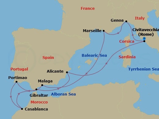 10 Night - Mediterranean - MSC Sinfonia - Starting in Civitavecchia (Rome), Italy, Genoa (Portofino), Italy, Marseille (Provence), France, Malaga (Granada), Spain, Portimao, Portugal, Casablanca (Marrakesh), Morocco, Gibraltar, Alicante, Spain, Civitavecchia (Rome), Italy itinerary map