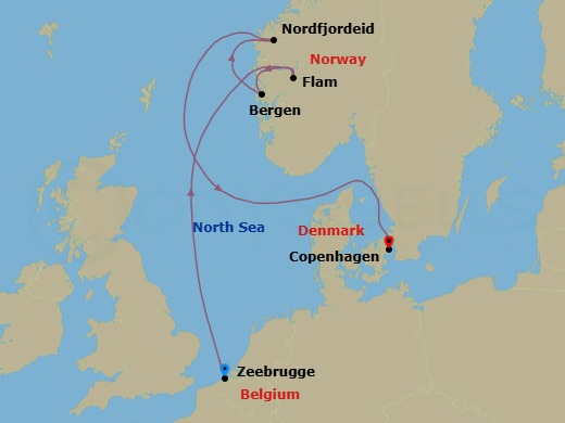 6 Night - A Journey of Narrow Waterways & Mountain Views - EXPLORA IV - Starting in Bruges (Zeebrugge), Flam, Norway, Bergen, Nordfjordeid, Copenhagen itinerary map
