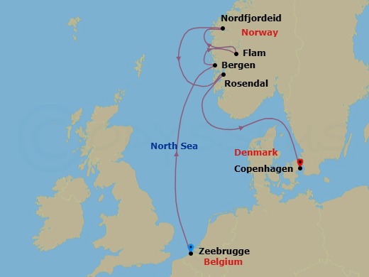 7 Night - A Journey of Northern Waters and Scandinavian Grace - EXPLORA IV - Starting in Bruges (Zeebrugge), Bergen, Flam, Norway, Nordfjordeid, Rosendal, Copenhagen itinerary map