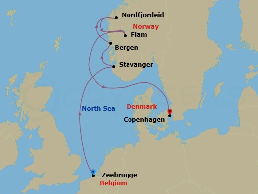 7 Night - A Journey of Majestic Fjords and Northern Cities - EXPLORA IV - Starting in Bruges (Zeebrugge), Stavanger, Bergen, Nordfjordeid, Flam, Norway, Copenhagen itinerary map