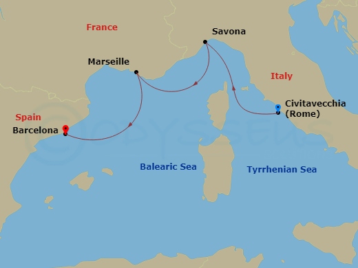 3 Night - Western Mediterranean from Rome (Civitavecchia) to Barcelona - Costa Pacifica - Starting in Civitavecchia (Rome), Savona, Marseille, Barcelona itinerary map