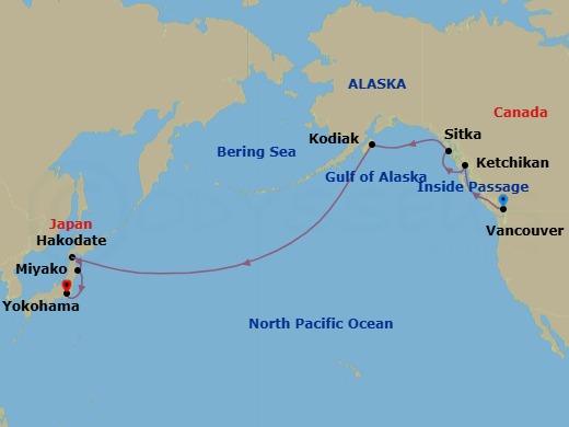 16 Night - Vancouver to Yokohama - Silver Muse - Starting in Vancouver, Cruise British Columbia Inside Passage, Ketchikan, Alaska, Sitka, Alaska, Kodiak Island, Alaska, Date Line lose a day, Hakodate (Hokkaido), Miyako, Iwate itinerary map