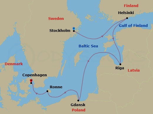 8 Night - Stockholm to Copenhagen - World Navigator - Starting in Stockholm, Helsinki, Riga, Latvia, Gdansk, Ronne (Bornholm), Copenhagen itinerary map