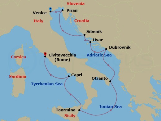 8 Night - Venice to Rome - World Traveller - Starting in Venice, Italy, Piran, Sibenik, Hvar Island, Dubrovnik, Croatia, Otranto (Puglia), Taormina (Mount Etna), Capri, Civitavecchia (Rome) itinerary map