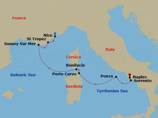 7 Night - Nice to Naples - World Traveller - Starting in Nice, Saint-Tropez, Sanary-Sur-Mer (Bandol), Bonifacio (Corsica), Porto Cervo (Sardinia), Ponza, Sorrento, Italy, Naples (Pompeii) itinerary map