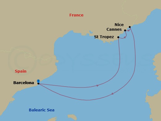 5 Night - Grand Prix Weekend Cruise : Barcelona, Cannes & Nice - Azamara Journey - Starting in Barcelona, St Tropez, Cannes, Nice, Barcelona itinerary map