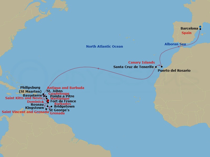 24 Night - Msc Grand Voyages - MSC World Europa - Starting in Barcelona, Spain, Puerto Del Rosario / Fuerteventura, Spain, Santa Cruz de Tenerife, Philipsburg, St Maarten, Basseterre, St Kitts and Nevis, Kingstown, St Vincent and the Grenadines, Bridgetown, Barbados, Saint George, Grenada, Fort-de-France, Martinique, Pointe-A-Pitre, Guadeloupe, St Johns AG, Antigua, Philipsburg, St Maarten, Basseterre, St Kitts and Nevis, Roseau, Dominica, Fort-de-France, Martinique itinerary map