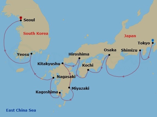 12 Night - Japan Intensive Cruise : Mt. Fuji, Osaka & Nagasaki - Azamara Pursuit - Starting in Tokyo, Mount Fuji (Shimizu), Osaka, Kochi, Hiroshima, Kitakyushu, Miyazaki (Aburatsu), Kagoshima, Nagasaki, Yeosu, Seoul (Incheon) itinerary map