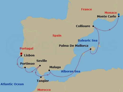 8 Night - Monte Carlo to Lisbon - World Traveller - Starting in Monte Carlo, Collioure, Palma De Mallorca, Malaga (Granada), Spain, Tangier, Morocco, Seville, Portimao, Lisbon itinerary map