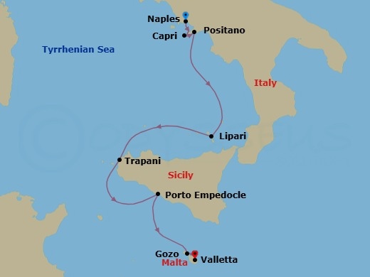 7 Night - Naples to Valletta - World Traveller - Starting in Naples (Pompeii), Capri, Positano, Lipari (Aeolian Islands), Italy, Trapani (Sicily), Porto Empedocle (Sicily), Gozo, Valletta itinerary map