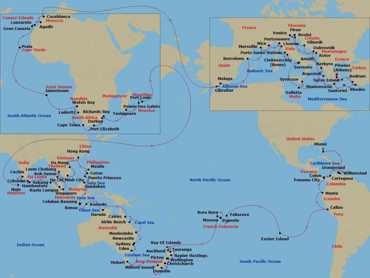 176 Night - Azamara World Cruise - Azamara Onward - Starting in Miami, Florida, Oranjestad, Willemstad AN, Cartagena CO, Colon, Panama Canal (Cruising), Panama City (Fuerte Amador), Manta, Callao (Lima), Easter Island, Pitcairn Island, Fakarava, Moorea, Papeete, Tahiti, Moorea, Papeete, Tahiti, Bora Bora, Bay of Islands, Auckland, Tauranga, Napier, Wellington, Picton, Christchurch, Dunedin, Milford Sound, Hobart, Tasmania, Eden, Sydney AU, Newcastle AU, Mooloolaba, Queensland, Airlie Beach, Queensland, Cairns, Darwin, Komodo Island, Benoa, Bali, Celukan, Bawang, Bali, Sandakan, Sabah, Puerto Princesa, Palawan, Coron, Manila, Hong Kong, Hue (Da Nang), Ho Chi Minh City, Bangkok (Laem Chabang), Koh Samui, Singapore, Kuala Lumpur, Sabang, Hambantota, Colombo, Cochin, Male, Port Louis, Pointe Des Galets, Taolagnaro, Richards Bay, Durban, Port Elizabeth ZA, Cape Town, Luderitz, Walvis Bay, Jamestown, Saint Helena Island, Praia, Gran Canaria, Canary Islands, Lanzarote, Canary Islands, Agadir, Casablanca, Gibraltar, Malaga, Barcelona, Provence (Marseille), Nice, Porto Venere, Florence / Pisa (Livorno), Porto Santo Stefano, Rome (Civitavecchia), Sorrento, Amalfi, Siracusa, Sicily, Valletta, Kotor, Sibenik, Piran, Venice, Rovinj (Istria), Dubrovnik, Croatia, Corfu, Argostoli, Monemvasia, Santorini, Rhodes, Bodrum, Syros, Athens (Piraeus) itinerary map