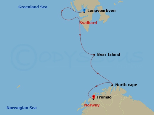 11 Night - Longyearbyen to Tromso - World Voyager - Starting in Longyearbyen, Svalbard, Exploring Svalbard / Captains Choice, Bear Island, Norway / Captains Choice, North Cape Scenic Navigation, Tromso itinerary map
