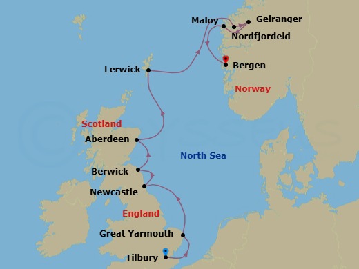 9 Night - London to Bergen : a Journey Through the Norwegian Fjords with Jann Arden - Scenic Eclipse II - Starting in London (Tilbury), United Kingdom, Great Yarmouth, United Kingdom, Newcastle-upon-Tyne, United Kingdom, Berwick-Upon-Tweed, United Kingdom, Aberdeen, Scotland, United Kingdom, Lerwick, Shetland Islands, United Kingdom, Nordfjordeid, Norway, Geiranger, Norway, Maloy, Norway, Bergen, Norway itinerary map
