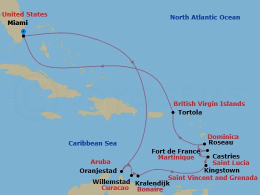 14 Night - Festive Caribbean Frolic - Oceania Sirena - Starting in Miami, Oranjestad, Willemstad AN, Kralendijk, Kingstown, Castries, Fort-de-France, Roseau, Tortola, Miami itinerary map