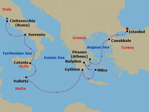 10 Night - Eastbound Adventure - Oceania Marina - Starting in Rome (Civitavecchia), Sorrento / Capri, Catania (Sicily), Valletta, Gythion, Milos, Nafplion, Athens (Piraeus), Canakkale (Troy), Istanbul itinerary map