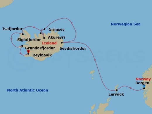 9 Night - Bergen to Reykjavik - World Voyager - Starting in Bergen, Lerwick (Shetland Islands), Seydisfjordur, Grimsey Island, Siglufjordur, Iceland, Akureyri, Isafjordur, Grundarfjordur, Reykjavik itinerary map