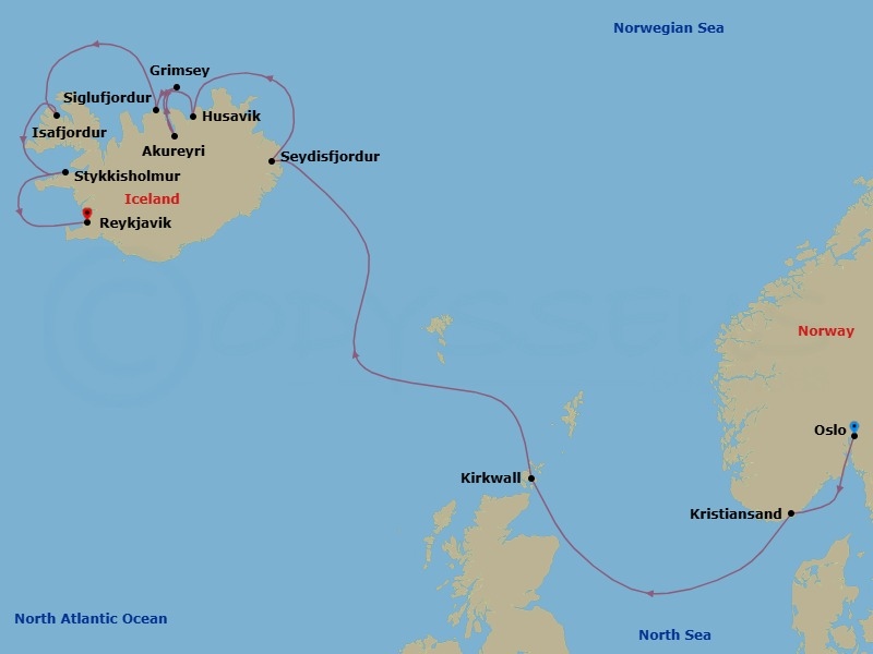 11 Night - Oslo to Reykjavik - World Navigator - Starting in Oslo, Kristiansand, Kirkwall (Orkney Islands), Scotland, Seydisfjordur, Husavik, Akureyri, Grimsey Island, Siglufjordur, Iceland, Isafjordur, Stykkisholmur, Iceland, Reykjavik itinerary map