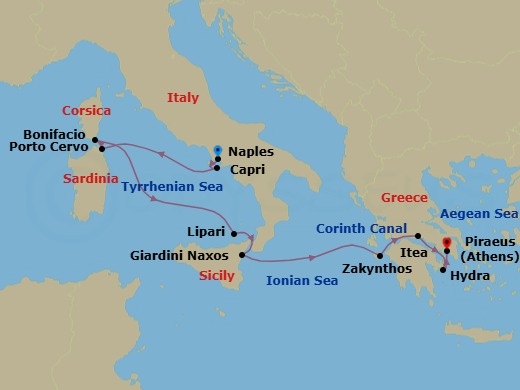 12 Night - Naples to Athens - World Traveller - Starting in Naples (Pompeii), Capri, Porto Cervo (Sardinia), Bonifacio (Corsica), Lipari (Aeolian Islands), Italy, Giardini Naxos (Taormina / Mount Etna), Zakynthos, Itea (Delphi), Corinth Canal Transit, Hydra, Greece, Piraeus (Athens) itinerary map
