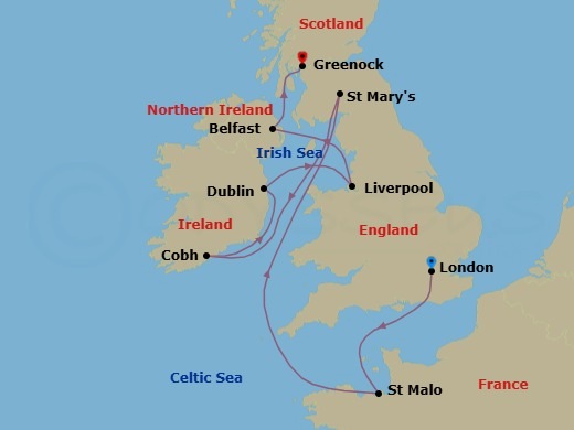 9 Night - London to Glasgow - World Voyager - Starting in London (Tower Bridge), St Malo, St Marys (Isles of Scilly), Cork (Cobh), Dublin, Liverpool, Belfast, Northern Ireland, Greenock (Glasgow) itinerary map
