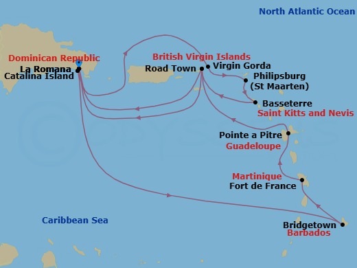14 Night - South Caribbean - MSC Opera - Starting in La Romana, Dominican Republic, Catalina Island, Dominican Republic, Bridgetown, Barbados, Fort-de-France, Martinique, Pointe-A-Pitre, Guadeloupe, Road Town (Tortola), British Virgin Islands, La Romana, Dominican Republic, Virgin Gorda, British Virgin Islands, Philipsburg, St Maarten, Basseterre, St Kitts and Nevis, Road Town (Tortola), British Virgin Islands, Catalina Island, Dominican Republic, La Romana, Dominican Republic itinerary map