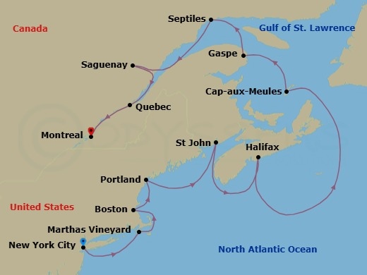 12 Night - Canada & New England Intensive Cruise : Boston, Halifax & Quebec - Azamara Quest - Starting in New York City, New York, Marthas Vineyard, Massachusetts, Cape Cod Canal Cruising, Boston, Massachusetts, Portland ME, Saint John NB, New Brunswick, Halifax, Nova Scotia, Cap-aux-meules, Magdalen Islands, Gaspe, Quebec, Sept-iles, Quebec, Cruise Saguenay River, Saguenay, Quebec, Quebec City, Quebec, Montreal, Quebec itinerary map
