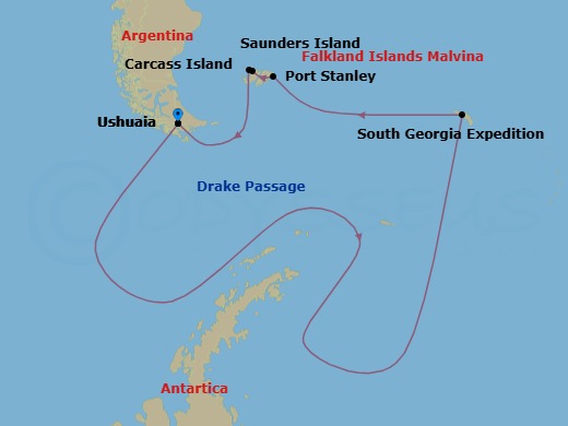 18 Night - Ushuaia Roundtrip - World Traveller - Starting in Ushuaia, Drake Passage Navigation, Antarctic Peninsula / Captains Choice, South Georgia / Captains Choice, Port Stanley, Falkland Islands, Saunders Island, Falkland Islands / Captains Choice, Carcass Island, Falkland Islands / Captains Choice, Ushuaia itinerary map