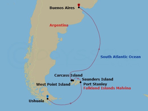 16 Night - Ushuaia to Buenos Aires - World Traveller - Starting in Ushuaia, Drake Passage Navigation, Antarctic Peninsula / Captains Choice, Port Stanley, Falkland Islands, Saunders Island, Falkland Islands / Captains Choice, Carcass Island, Falkland Islands / Captains Choice, West Point Island, Falkland Islands / Captains Choice, Buenos Aires itinerary map