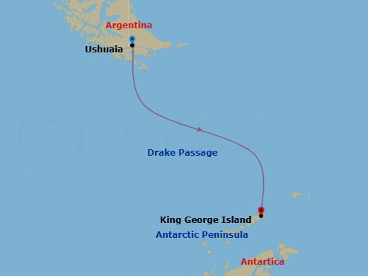 9 Night - Ushuaia to King George Island - World Traveller - Starting in Ushuaia, Drake Passage Navigation, Antarctic Peninsula / Captains Choice, Antarctic Sound / Captains Choice, King George Island itinerary map