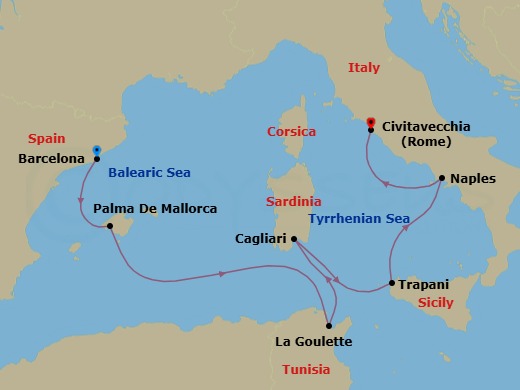 7 Night - Barcelona to Civitavecchia - Silver Dawn - Starting in Barcelona, Palma De Mallorca, Tunis (La Goulette), Cagliari (Sardinia), Trapani, Sicily, Naples, Civitavecchia (Rome) itinerary map