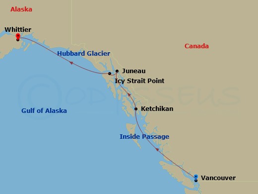 10 Night - Anchorage Denali Express - Northbound Cruisetour - Norwegian Jade Tours - Starting in Vancouver, Canada, Cruise Inside Passage Al, Ketchikan (Ward Cove), Ak, Juneau, Ak, Skagway, Ak, Icy Strait Point, Ak, Cruise Hubbard Glacier, Ak, Whittier, Ak, At Hotel itinerary map