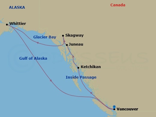 13 Night - Authentic Alaska - Northbound Cruisetour - Norwegian Jade Tours - Starting in Vancouver, Canada, Cruise Inside Passage Al, Ketchikan (Ward Cove), Ak, Juneau, Ak, Skagway, Ak, Cruise Glacier Bay, Ak, Whittier, Ak, At Hotel itinerary map