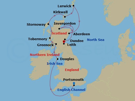 12 Night - Scotland Intensive Cruise : Glasgow, Stornoway & Edinburgh - Azamara Quest - Starting in Portsmouth UK, Douglas, Glasgow (Greenock), Scotland, Tobermory, Scotland, Stornoway, Kirkwall, Orkney Islands, Scotland, Lerwick / Shetland, Scotland, Aberdeen, Scotland, Invergordon, Scotland, Dundee, Scotland, Leith (Edinburgh), Scotland itinerary map