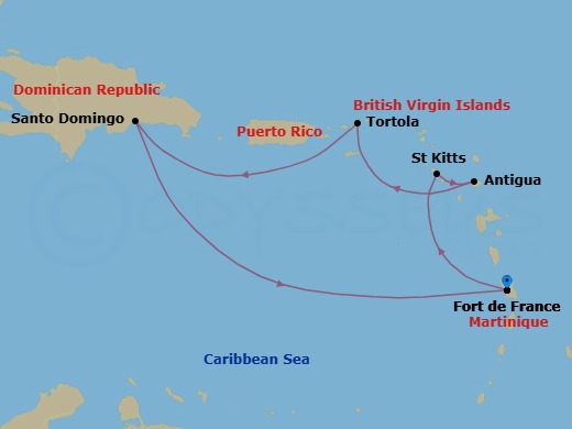 6 Night - Western Caribbean from Fort De France - Costa Favolosa - Starting in Martinique (Antilles), St Kitts (Antilles), Antigua (Antilles), Antigua Bay, Road Harbour / Tortola, Santo Domingo, Dominican Republic, Martinique (Antilles) itinerary map