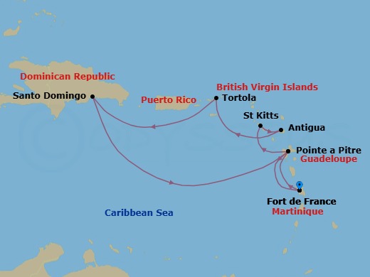 8 Night - Western Caribbean from Fort De France - Costa Favolosa - Starting in Martinique (Antilles), Guadeloupe (Antilles), St Kitts (Antilles), Antigua (Antilles), Antigua Bay, Road Harbour / Tortola, Santo Domingo, Dominican Republic, Guadeloupe (Antilles), Martinique (Antilles) itinerary map