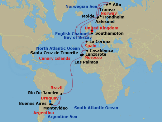 36 Night - Northern Lights Grand Adventure - Majestic Princess - Starting in Buenos Aires, Argentina, Montevideo, Uruguay, Rio De Janeiro, Brazil, Gran Canaria (Las Palmas), Canary Islands, Lanzarote (Arrecife), Canary Islands, Santa Cruz de Tenerife, Casablanca, Morocco (for Marrakesh), La Coruna, Spain (for Santiago de Compostela), Southampton (for London), England, Alesund, Norway, Trondheim, Norway, Tromso, Norway, Alta, Norway, Molde, Norway, Southampton (for London), England itinerary map