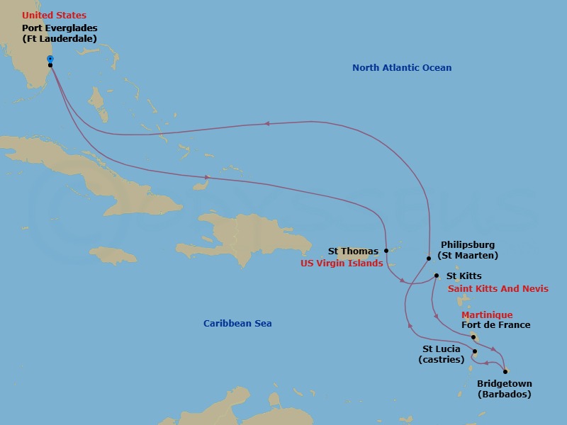 11 Night - Southern Caribbean with Martinique Holiday - Coral Princess - Starting in Fort Lauderdale, Florida, St Thomas, US Virgin Islands, St Kitts, Martinique, Barbados, St Lucia, St Maarten, Fort Lauderdale, Florida itinerary map