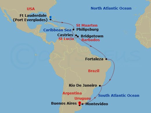 18 Night - Brazilian Adventure - Majestic Princess - Starting in Fort Lauderdale, Florida, St Maarten, St Lucia, Barbados, Fortaleza, Brazil, Rio De Janeiro, Brazil, Montevideo, Uruguay, Buenos Aires, Argentina itinerary map
