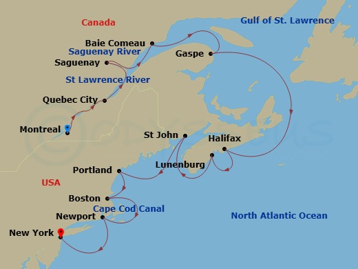 12 Night - Canada & New England Intensive Cruise : Quebec, Halifax & New York - Azamara Quest - Starting in Montreal, Quebec, Quebec City, Quebec, Scenic Cruising Saguenay Fjord, Saguenay, Quebec, Baie-comeau, Quebec, Gaspe, Quebec, Halifax, Nova Scotia, Lunenburg, Nova Scotia, Saint John NB, New Brunswick, Portland ME, Boston, Massachusetts, Cape Cod Canal Cruising, Newport, Rhode Island, New York City, New York itinerary map