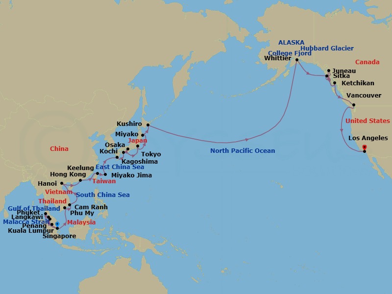 46 Night - North Pacific - Singapore to Los Angeles - Coral Princess - Starting in Singapore, Phuket, Thailand, Langkawi, Malaysia, Penang, Malaysia, Kuala Lumpur (Port Kelang), Malaysia, Ho Chi Minh City (Phu My), Vietnam, Cam Ranh (Nha Trang), Vietnam, Halong Bay / Hanoi (Cai Lan), Vietnam, Hong Kong, Taipei (Keelung), Miyakojima, Japan, Kagoshima, Japan, Kochi, Japan, Osaka (for Kyoto), Japan, Tokyo, Japan, Miyako, Japan, Kushiro, Japan, Cross International Date Line, Anchorage (Whittier), Alaska, College Fjord (Scenic Cruising), Alaska, Hubbard Glacier (Scenic Cruising), Alaska, Sitka, Alaska, Juneau, Alaska, Ketchikan, Alaska, Vancouver, Canada, Los Angeles, California itinerary map