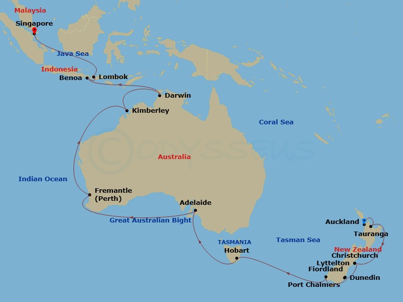 28 Night - Australia, New Zealand & Indonesia - Coral Princess - Starting in Auckland, New Zealand, Tauranga, New Zealand, Christchurch (Lyttelton), New Zealand, Dunedin (Port Chalmers), New Zealand, Fiordland National Park (Scenic Cruising), Hobart, Australia, Adelaide, Australia, Perth (Fremantle), Australia, Kimberley Coast (Scenic Cruising), Australia, Darwin, Australia, Bali (Benoa), Indonesia, Lombok, Indonesia, Singapore itinerary map