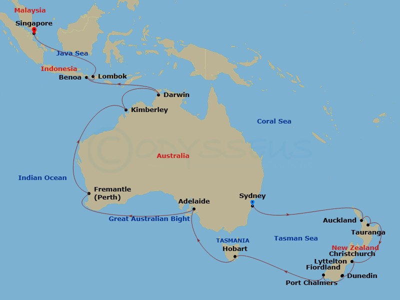 32 Night - Australia & Southeast Asia - Coral Princess - Starting in Sydney AU, Auckland, New Zealand, Tauranga, New Zealand, Christchurch (Lyttelton), New Zealand, Dunedin (Port Chalmers), New Zealand, Fiordland National Park (Scenic Cruising), Hobart, Australia, Adelaide, Australia, Perth (Fremantle), Australia, Kimberley Coast (Scenic Cruising), Australia, Darwin, Australia, Bali (Benoa), Indonesia, Lombok, Indonesia, Singapore itinerary map