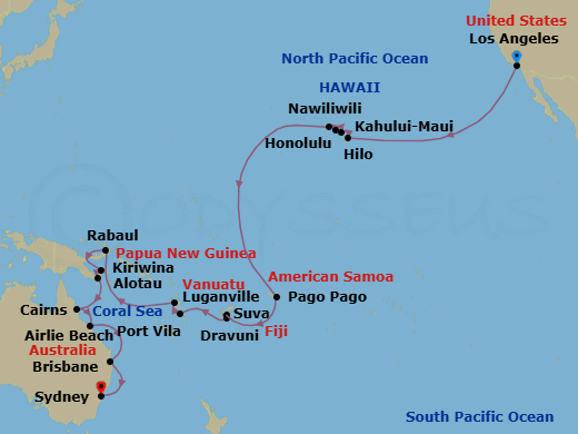 36 Night - Hawaii & South Pacific Crossing - Coral Princess - Starting in Los Angeles, California, Hilo, Hawaii, Kahului, Hawaii, Honolulu, Hawaii, Kauai (Nawiliwili), Hawaii, Pago Pago, American Samoa, Cross International Date Line, Suva, Fiji, Dravuni Island, Fiji, Port Vila, Vanuatu, Luganville, Vanuatu, Rabaul, Papua New Guinea, Kiriwina Island, Papua New Guinea, Alotau (Milne Bay), Papua New Guinea, Cairns, Australia, Airlie Beach, Australia, Brisbane, Australia itinerary map