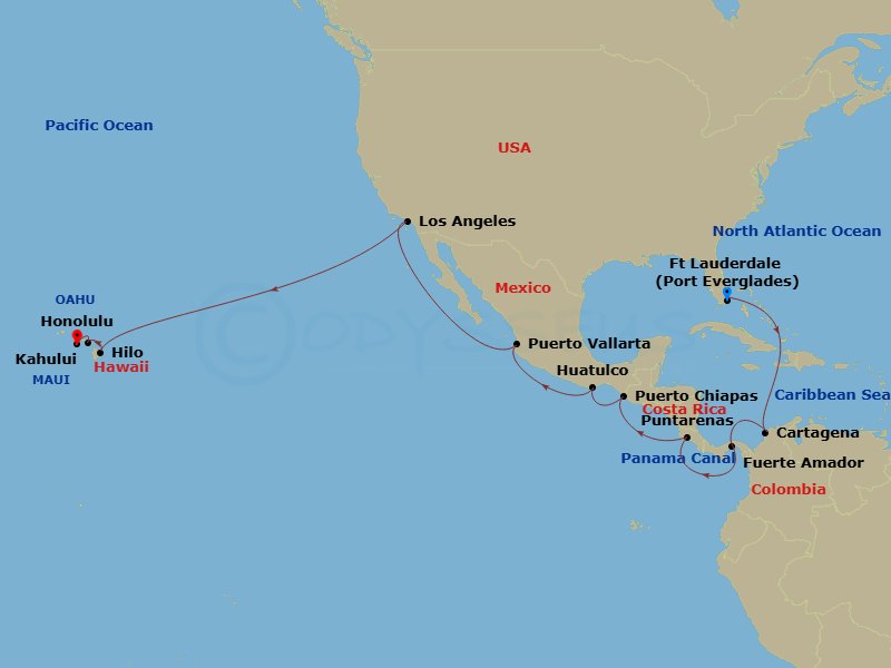 23 Night - Panama Canal - Ocean to Ocean - Coral Princess - Starting in Fort Lauderdale, Florida, Cartagena CO, Panama Canal Full Transit Historic Locks, Fuerte Amador, Panama (for Panama City), Puntarenas, Costa Rica, Puerto Chiapas, Mexico, Huatulco, Mexico, Puerto Vallarta, Mexico, Los Angeles, California, Hilo, Hawaii, Kahului, Hawaii, Honolulu, Hawaii itinerary map