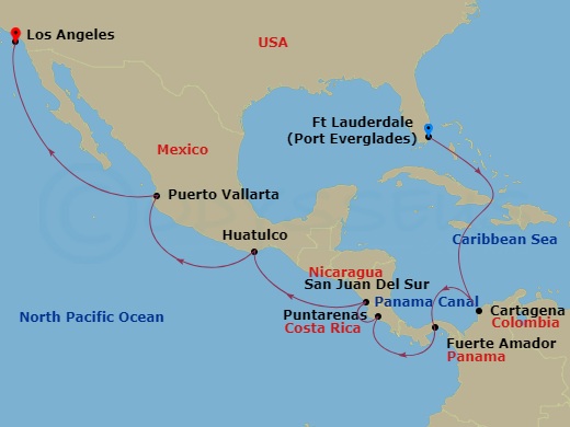 15 Night - Panama Canal - Ocean to Ocean - Coral Princess - Starting in Fort Lauderdale, Florida, Cartagena CO, Panama Canal Full Transit Historic Locks, Fuerte Amador, Panama (for Panama City), Puntarenas, Costa Rica, Puerto Chiapas, Mexico, Huatulco, Mexico, Puerto Vallarta, Mexico, Los Angeles, California itinerary map