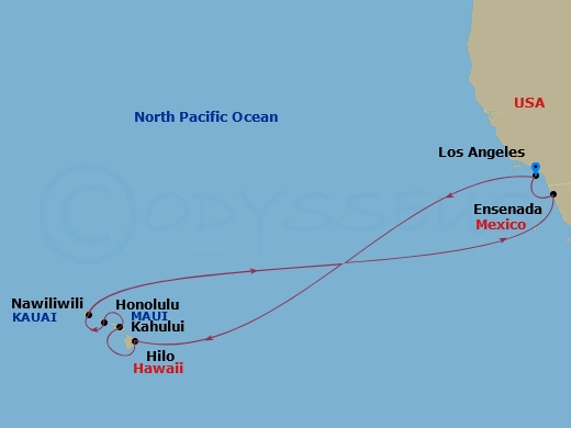16 Night - Hawaiian Islands - Emerald Princess - Starting in Los Angeles, California, Hilo, Hawaii, Kahului, Hawaii, Honolulu, Hawaii, Kauai (Nawiliwili), Hawaii, Ensenada, Mexico, Los Angeles, California itinerary map