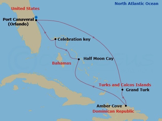 7 Night - Eastern Caribbean - Carnival Mardi Gras - Starting in Port Canaveral (Orlando), Fl, Grand Turk, Amber Cove, Dominican Republic, Relaxaway, Half Moon Cay, Celebration Key, the Bahamas, Port Canaveral (Orlando), Fl itinerary map