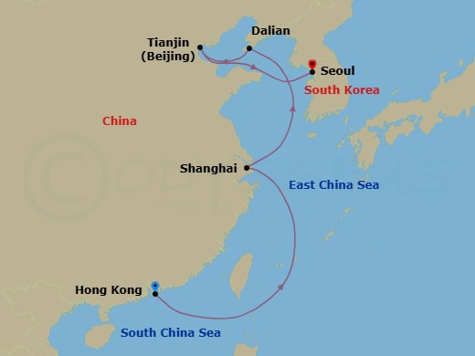 12 Night - China Intensive Cruise : Hong Kong, Shanghai & Beijing - Azamara Pursuit - Starting in Hong Kong, Shanghai, Dalian, Beijing (Tianjin), Seoul (Incheon) itinerary map